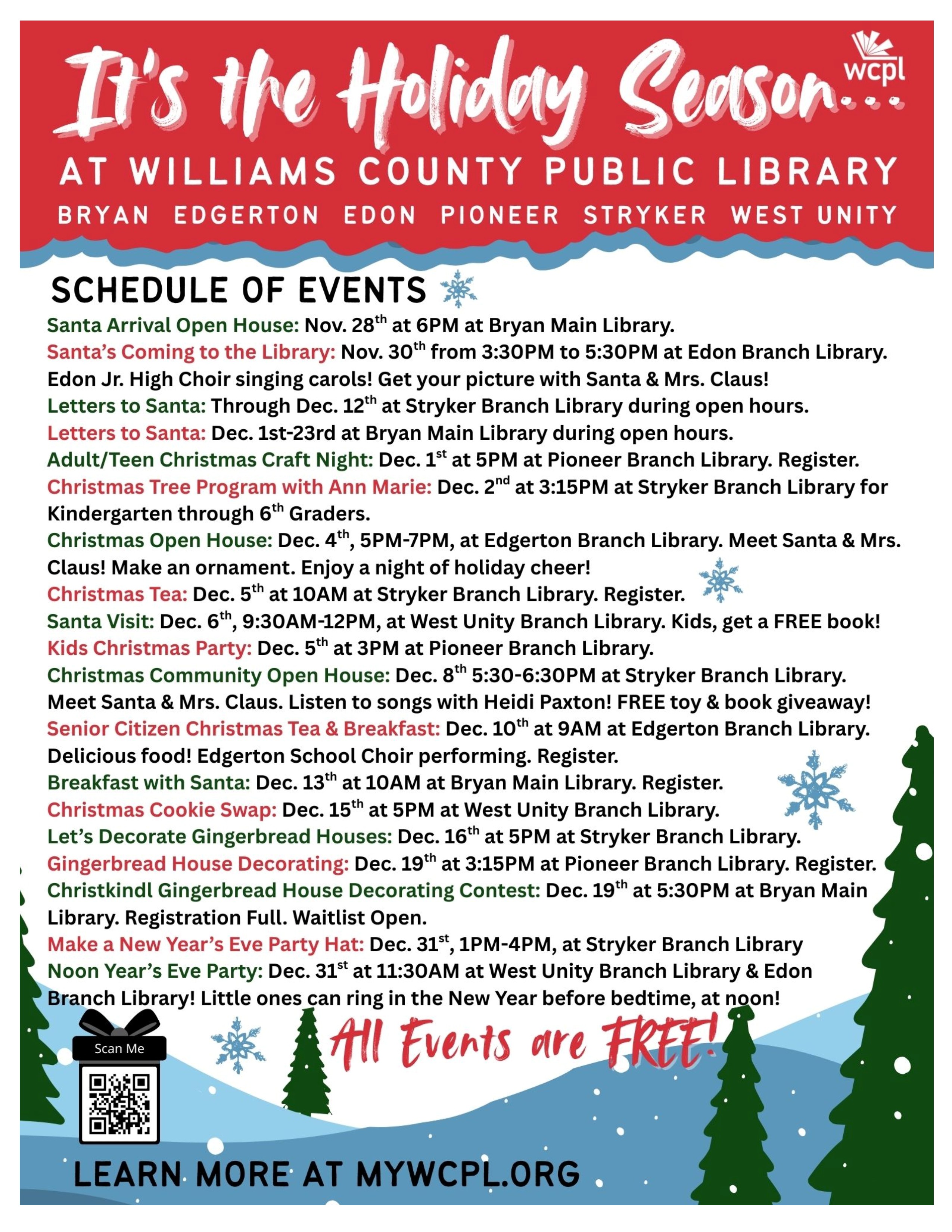 A full schedule of the holiday events at Williams County Public Library