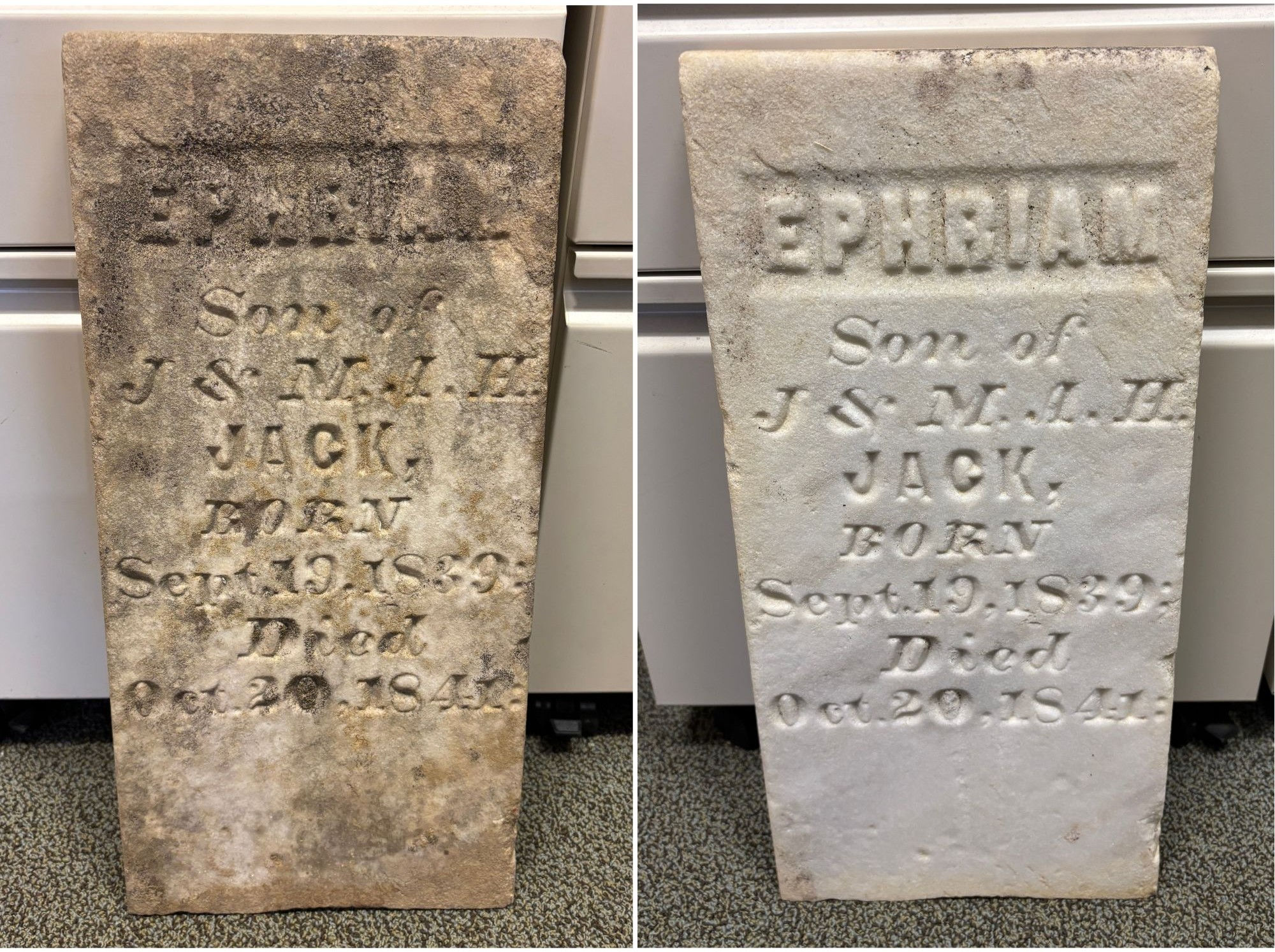 Before and After Cleaning of Ephriam Jack (1839-1841) Tombstone