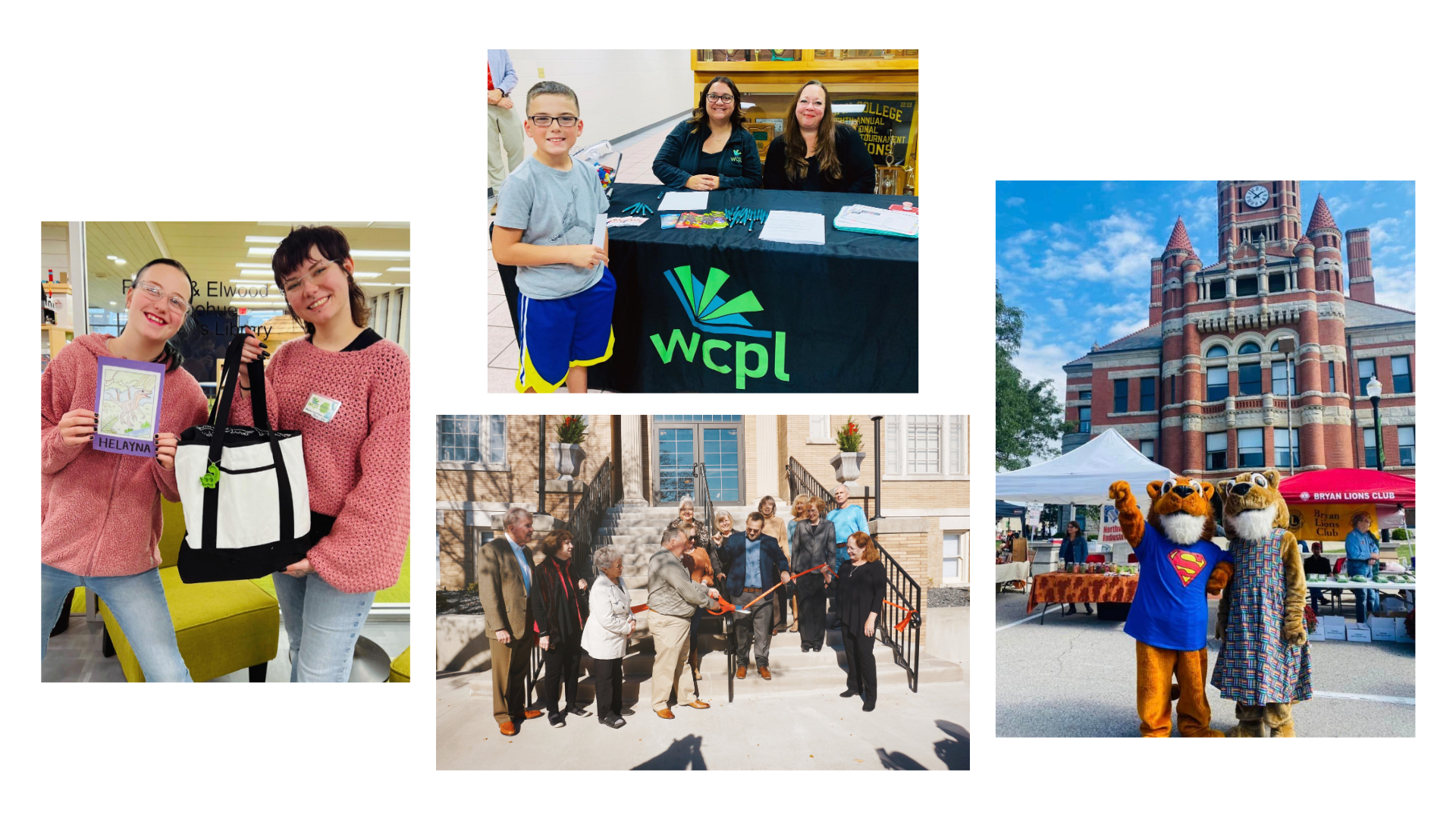 Photo collage of WCPL staff, patrons, and lions.